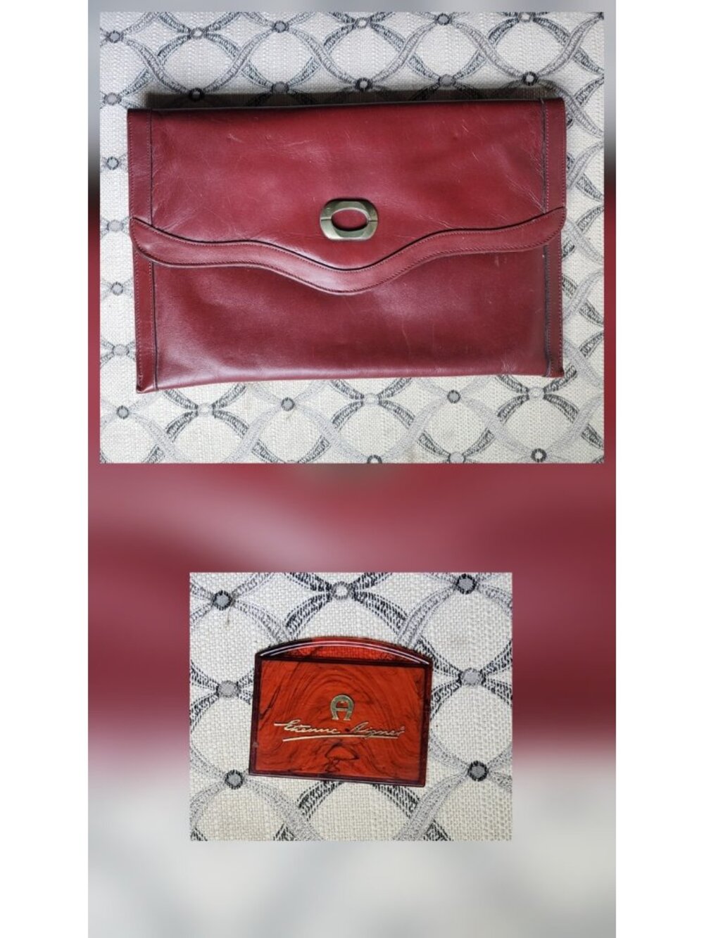 Etienne Aigner vintage oxblood purse Clutch Mirror 70s Leather Lined Brass
